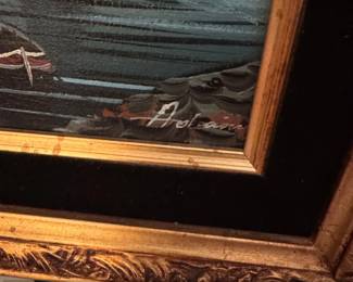 Vintage Nautical Sailboat Oil Painting in Ornate Gold Frame second image