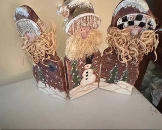 Set of Three Wooden Santa Claus Figurines with Snowman
