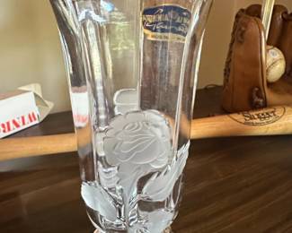 Bohemia Glass Crystal Vase with Frosted Rose Design  Made in Czech Republic