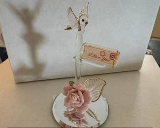 Glass Baron Bird with Pink Rose and I Love You Scroll