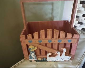 Wooden Decorative Basket with Girl and Geese Motif