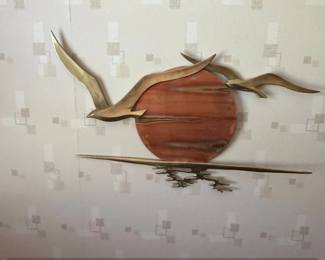 MidCentury Modern Brass Tone Metal Wall Art with Flying Birds and Sun