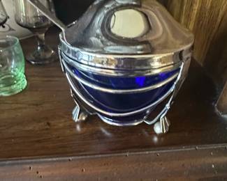 Silver Plate Jam Jar with Cobalt Blue Glass Liner and Spoon