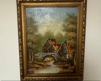 Vintage Oil Painting of European Village with Stone Bridge and Cottages, signed P. Pallas