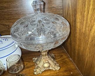 Vintage Cut Crystal Candy Dish with Ornate BrassTone Base