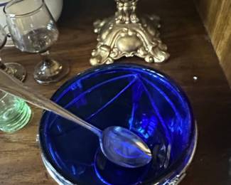Silver Plate Jam Jar with Cobalt Blue Glass Liner and Spoon second image