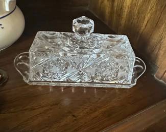 Cut Crystal Butter Dish with Lid Starburst Pattern