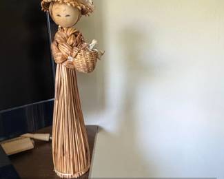 Vintage Korean Folk Art Straw Doll with Basket