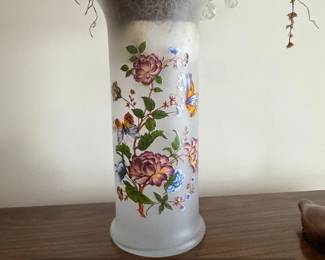 Frosted Glass Vase with Floral and Butterfly Motif Lenox Saxony