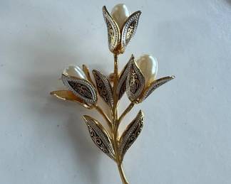 Vintage GoldTone Tulip Brooch with Faux Pearls and Black Enamel