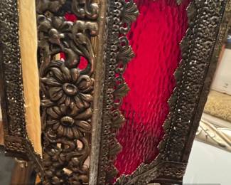 Vintage Gothic Revival Table Lamp with Red Glass Panels second image