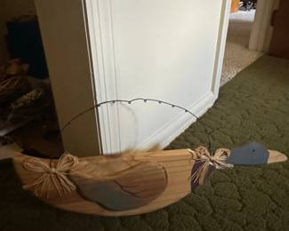 Wooden Duck Decoy with Fishing Rod