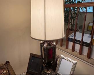 Vintage Gothic Revival Table Lamp with Red Glass Panels