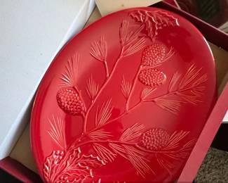 Red Ceramic Oval Platter with Pine Cones and Holly Lenox