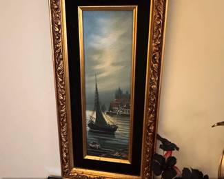 Vintage Nautical Sailboat Oil Painting in Ornate Gold Frame