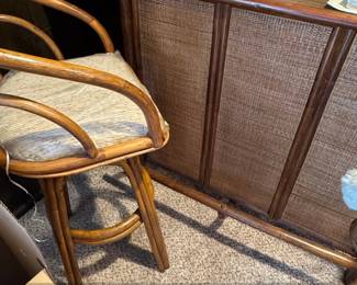 Vintage Rattan Swivel Bar Stool with Woven Panels
