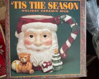 Tis The Season Holiday Ceramic Santa Mug with Candy Cane Handle