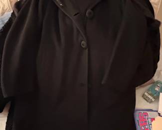 Vintage Black Wool Coat with Studded Collar and Fur Trim