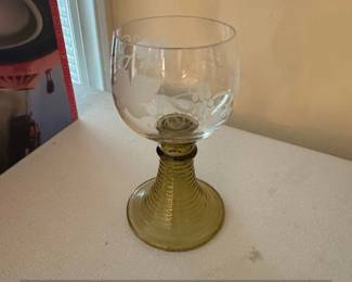 Vintage Roemer Wine Glass with Etched Grapevine and Green Ribbed Stem