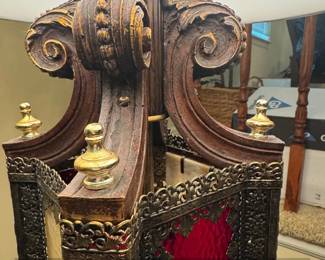 Vintage Gothic Revival Table Lamp with Red Glass Panels third image