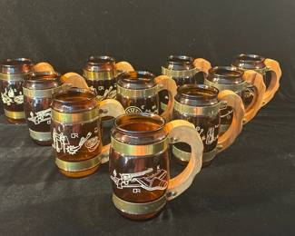 Set of 10 Siesta ware amber glass banded barrel 5 mugs wood handles vintage used