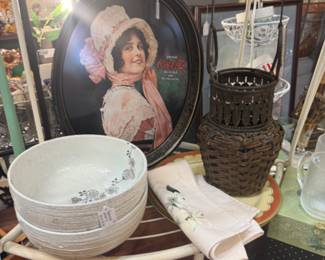 Vintage coca cola tray, bowls, woven basket