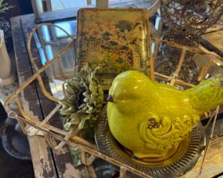 large green decorative bird, metal tray, vintage photo holder 
