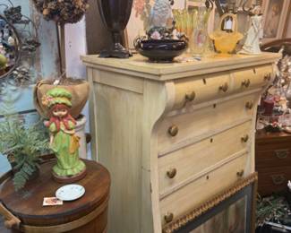 antique empire-style chest of drawers, wood barrel style sewing table or basket