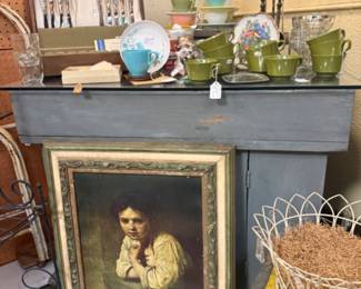 vintage painted wood sideboard with glass top, vintage art, metal planter, silverware set, cups and saucers