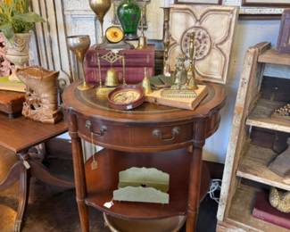 vintage occasional table, brass bells, wall hangings