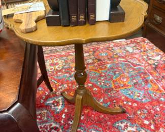 vintage wood side table, vintage books, hand made small cutting boards