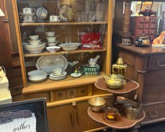tiered table, dish ware, framed art buffet
