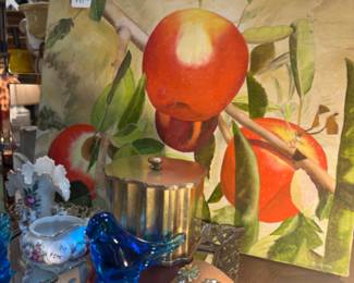Beautiful oil of apples on a branch, bluebird of happiness, perfect earrings for the rodeo, hollywood regency MCM vanity mirror/tray