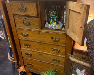antique oak gentleman's chest of drawers, large dog figurine, chicken figurine