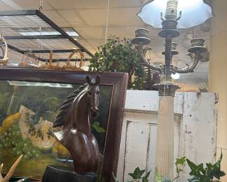 vintage lamp, horse head figurine, framed art, vintage books