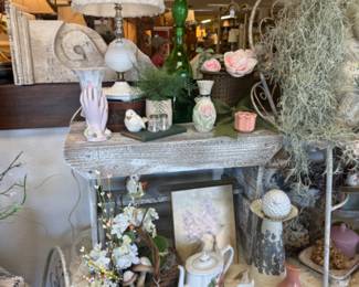 vintage tea set, lamp, candlesticks