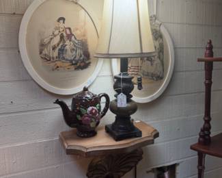 sand dollar shelf, lamp, tea pot, framed vintage art