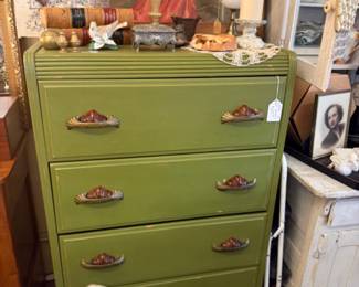 beautiful 1930s green chest of drawers with original Bakelite hardware
