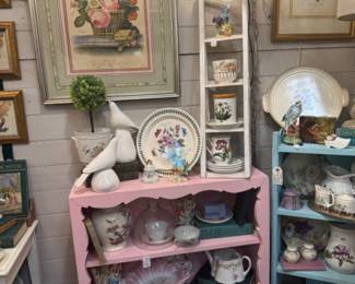 cute pink vintage shelf, tea cups, framed art, tea cups, saucers, tea pots