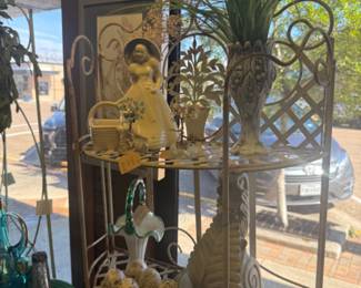 vintage metal shelf, wall shelf, pretty glass ceramic basket, figurines