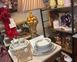 vintage fruit lamp, vintage Spice of Life, Japan dinnerware set, marble topped side table