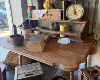 antique table, scales, book
