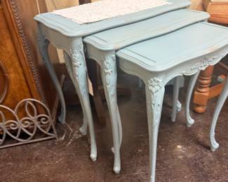 beautiful vintage grey blue nesting tables with beautiful detail