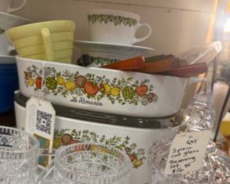 vintage Spice of Life casserole dishes, cut glass tea serving set
