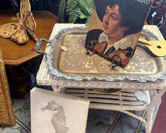 beautiful silver tray, coffee table book, butterfly