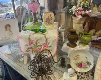pretty spring pretties, doilies, plates, lamps, vases