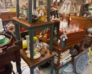 vintage green and brown tables, trays, lamp, glassware