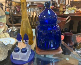vintage decanter, blue and glass apothecary jar