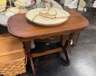 beautiful antique wooden table, divided dish