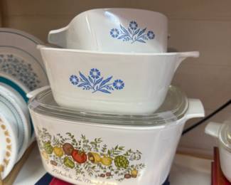 vintage corning ware blue cornflower casserole dishes, corelle dishes and plates, pie serversj